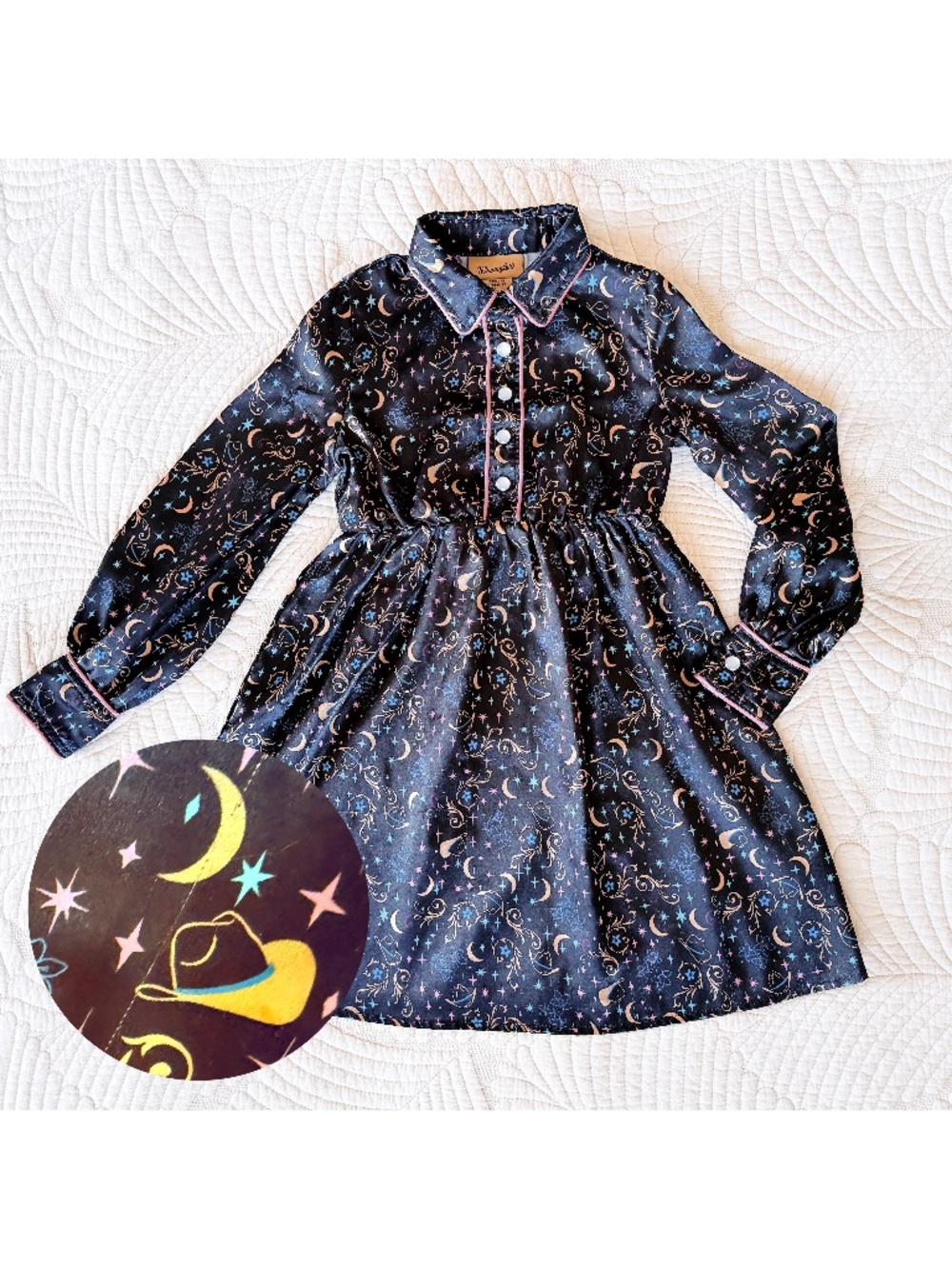 Wrangler Girls Celestial Moon Stars Western Satin Cowgirl Dress Whimsigoth Sz XS